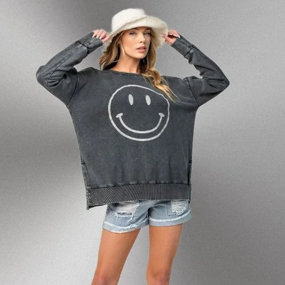 EASEL "All Smiles"  Mineral Washed 100% Soft Cotton Terry Knit Tunic Side Slits - Picture 6 of 11